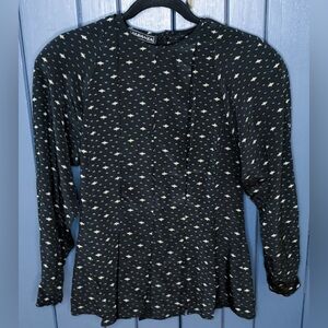 Vintage Black Print Peplum Silk Blouse Shirt Size 4 Whimsigoth Corporate Goth